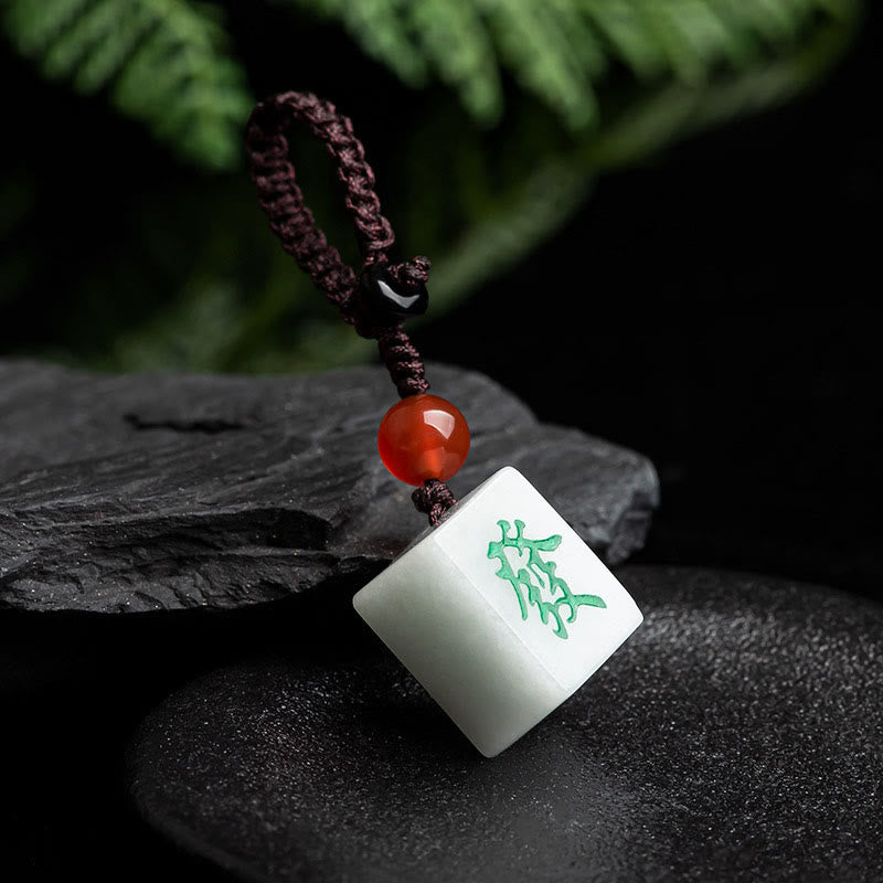 Mythstone Natural Jade Mahjong Fa Character Wealth Prosperity Phone Hanging Key Chain Decoration