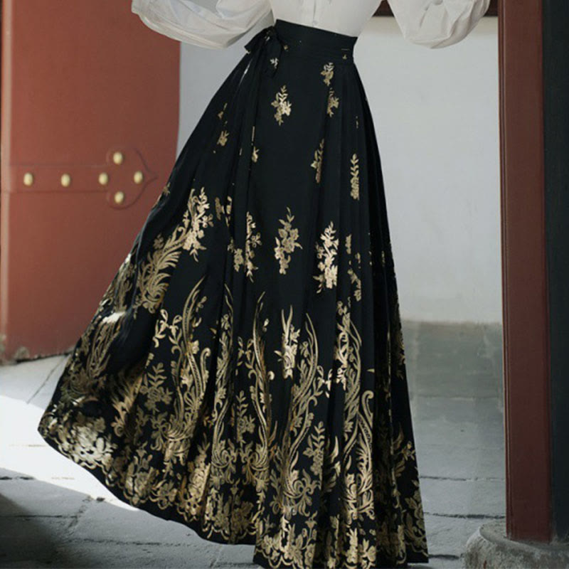 Mythstone Flowers Leaves Feathers Long Sleeve Shirt Top Chinese Hanfu Ming Dynasty Horse Face Skirt Mamianqun Skirt