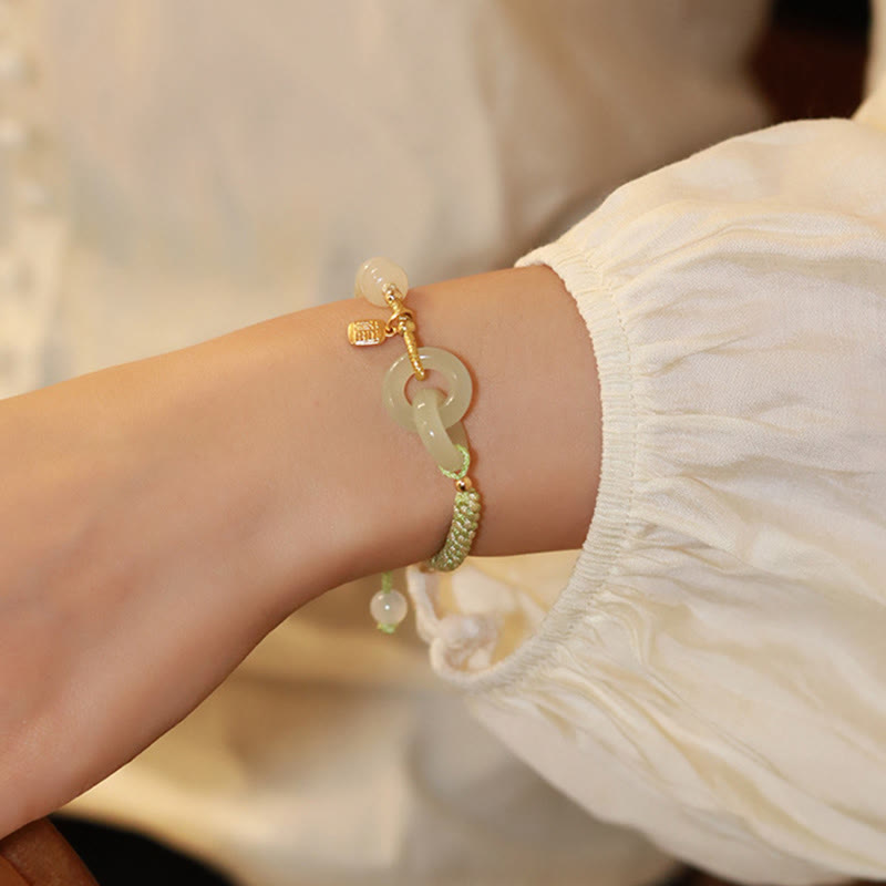 Pulsera trenzada con doble hebilla de paz y carácter Fu con cuentas de jade hetiano natural Mythstone