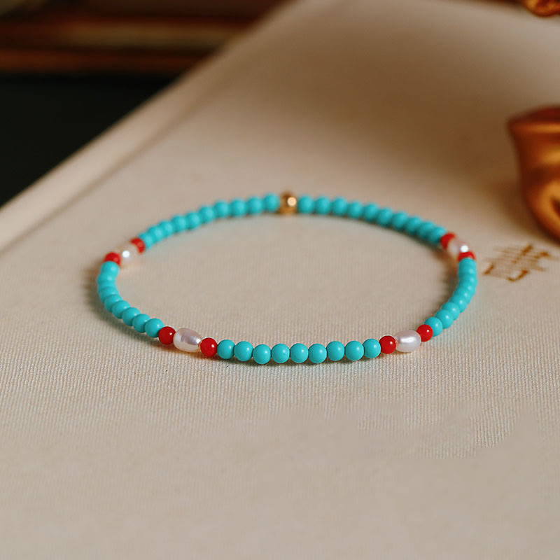 Mythstone Turquoise Red Agate Pearl Small Beaded Protection Bracelet