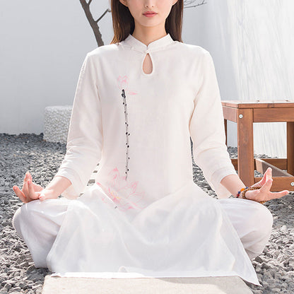 Mythstone 2Pcs Lotus Pattern Tai Chi Meditation Yoga Cotton Linen Clothing Top Pants Women's Set