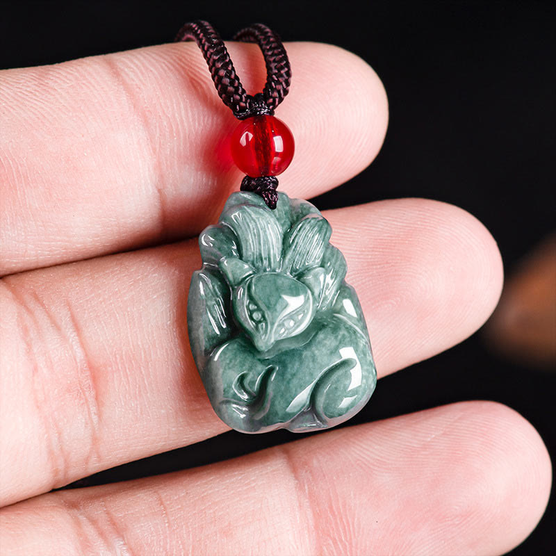 Mythstone Natural Green Jade Nine-Tailed Fox Engraved Prosperity Necklace Pendant