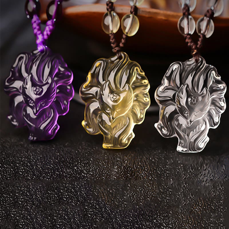 Mythstone Natural Amethyst White Crystal Citrine Nine Tailed Fox Luck Necklace Pendant