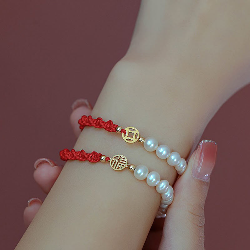 Mythstone 14K Gold Plated Pearl Bead Luck Protection Braid Red String Bracelet