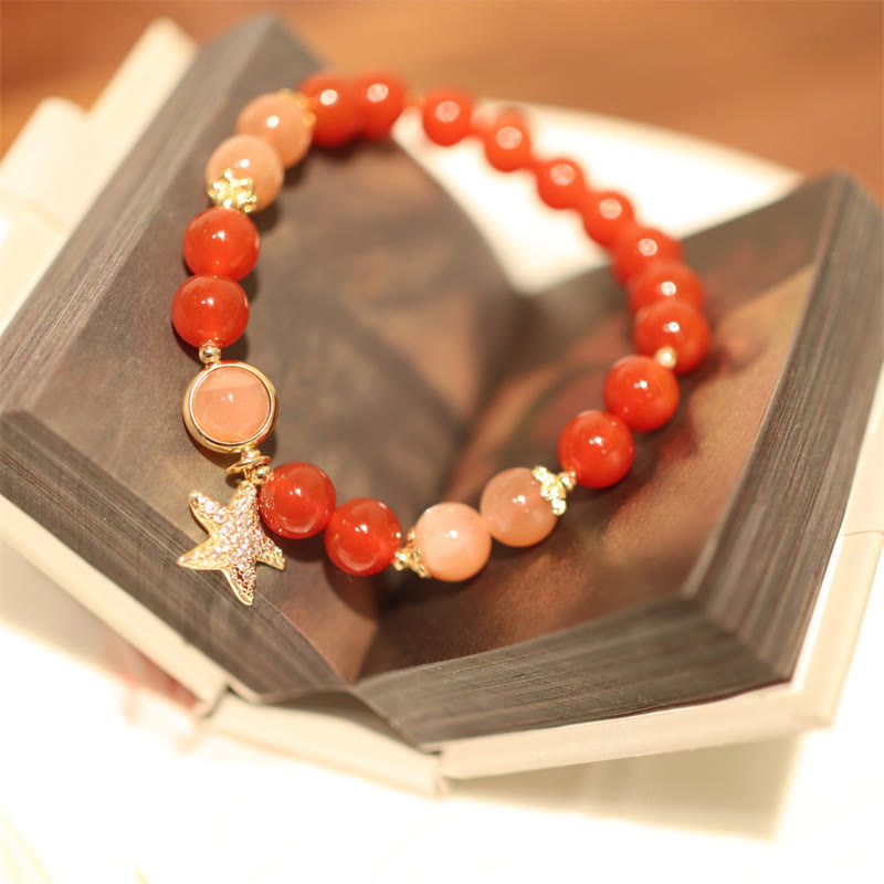 Pulsera de la riqueza con piedra solar, piedra lunar, melocotón y ágata roja y cristal de estrella