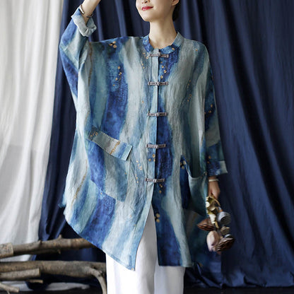 Mythstone Blue White Beige Small Flower Frog-button Design Long Sleeve Ramie Linen Jacket Shirt With Pockets