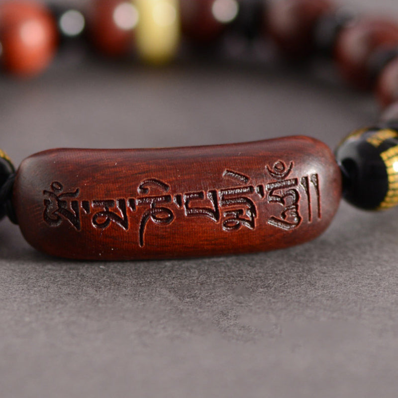 Mythstone Small Leaf Red Sandalwood Om Mani Padme Hum Engraved Protection Bracelet