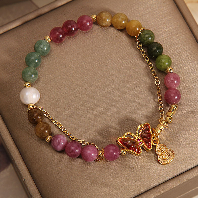 MythStone Natural Colorful Tourmaline Butterfly Auspicious Character Gourd Charm Positive Bracelet