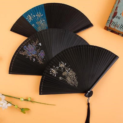 Mythstone Hibiscus Flower Plum Blossom Handheld Bamboo Folding Fan