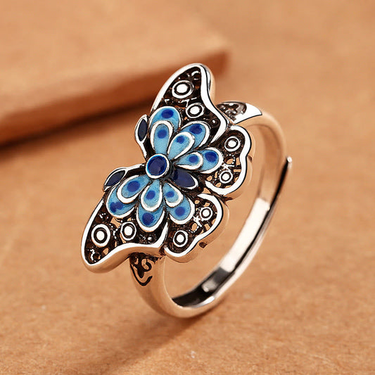 Mythstone Hollow Enamel Blue Butterfly Pattern Love Ring