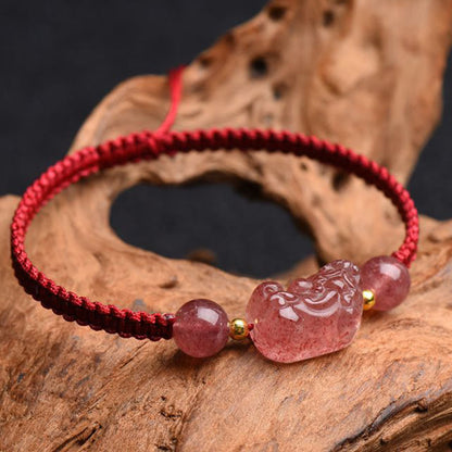 Mythstone Natural Strawberry Quartz PiXiu Lucky Red String Bracelet