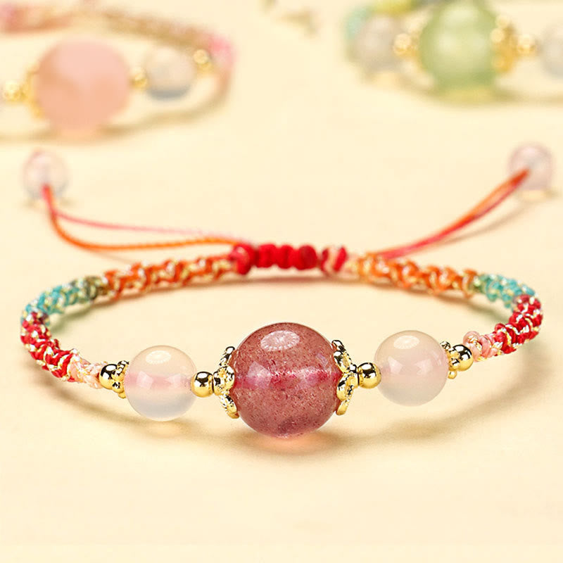 Mythstone Strawberry Quartz Pink Crystal Prehnite White Agate Bead Healing Rope Bracelet