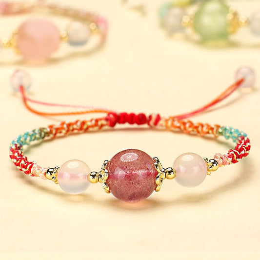 Mythstone Strawberry Quartz Pink Crystal Prehnite White Agate Bead Healing Rope Bracelet