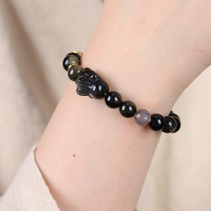 Mythstone Gold Sheen Obsidian Black Obsidian Silver Sheen Obsidian Cute Rabbit Protection Bracelet