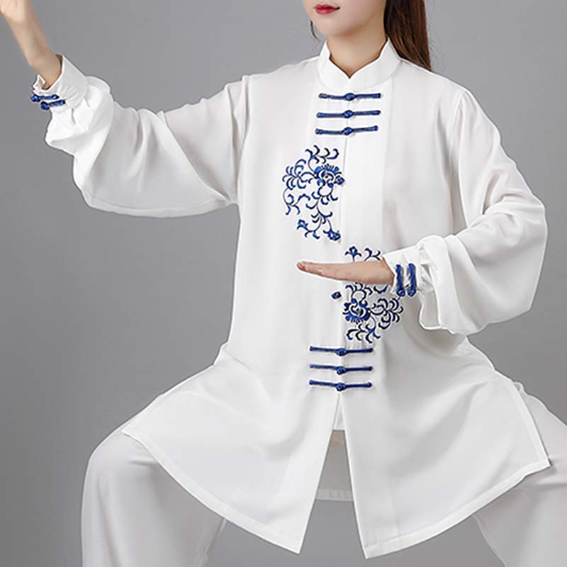 Mythstone Flower Embroidery Meditation Prayer Spiritual Zen Tai Chi Qigong Practice Unisex Clothing Set