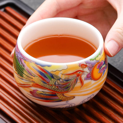 Mythstone Dragon Phoenix Auspicious Clouds Sun Ocean Waves Ceramic Teacup Kung Fu Tea Cup