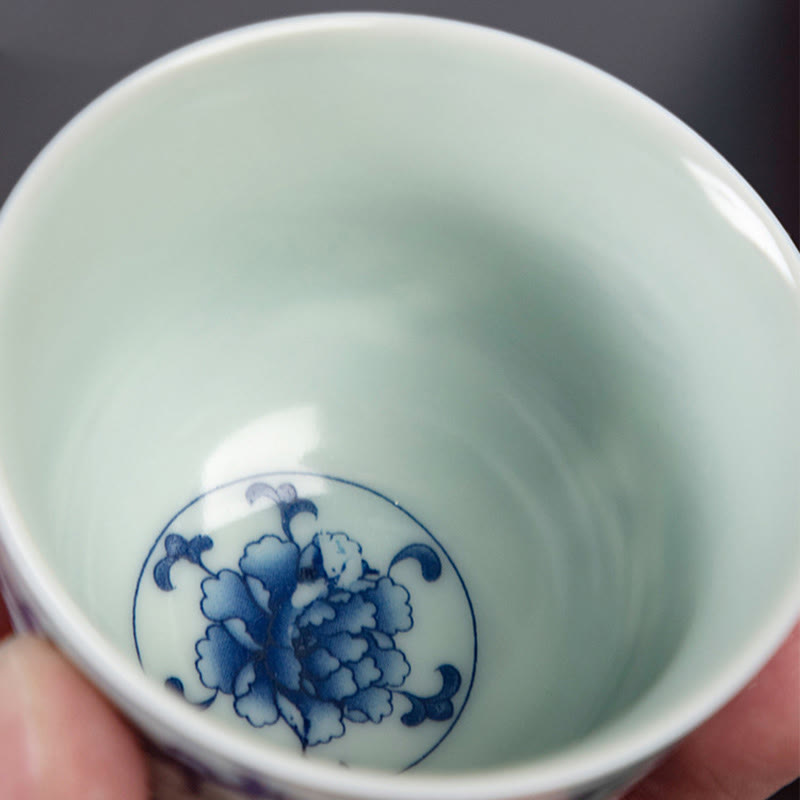 Mythstone Blue Landscape Mountains Lotus Cute Cat Pavilions Magnolia Reed Egrets Ceramic Teacup Small Kung Fu Tea Cup