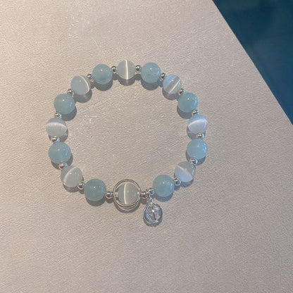 Mythstone 925 Sterling Silver Cat's Eye Aquamarine Support Charm Bracelet