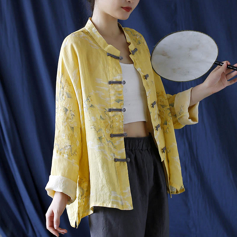 Mythstone Yellow Phoenix Print Frog-button Design Long Sleeve Ramie Linen Jacket Shirt