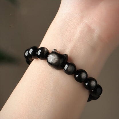 Mythstone Gold Sheen Obsidian Silver Sheen Obsidian Lovely Paw Lucky Cat Protection Bracelet