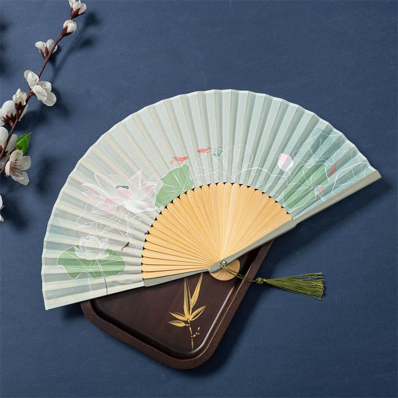 Mythstone Lotus Begonia Flower Jasmine Handheld Bamboo Folding Fan 21cm