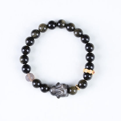 Mythstone Gold Sheen Obsidian Black Obsidian Silver Sheen Obsidian Cute Rabbit Protection Bracelet