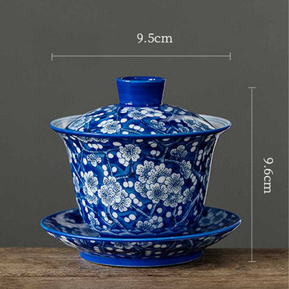 Mythstone Plum Blossom Blue And White Porcelain Ceramic Gaiwan Sancai Teacup Kung Fu Tea Cup And Saucer With Lid 185ml