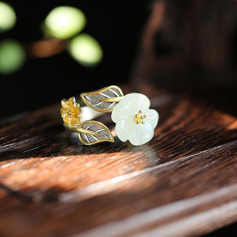 Mythstone 925 Silver Plated Copper White Jade Plum Flower Leaf Luck Ring