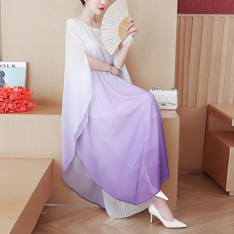 Mythstone Gradient Color Half Sleeve Chiffon Midi Dress Meditation Zen Practice