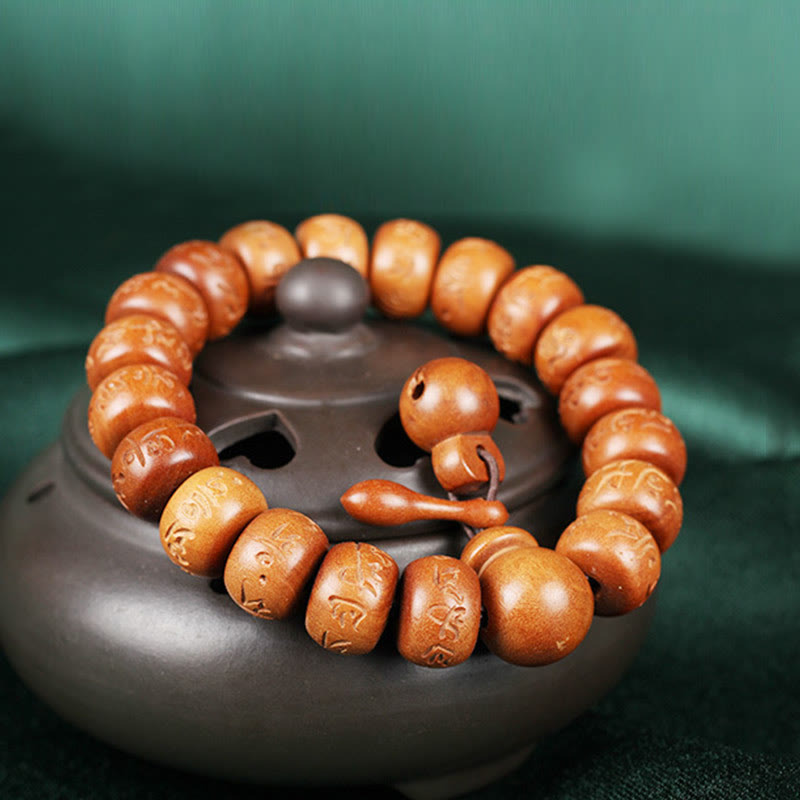 Mythstone Natural Tibetan Peach Wood Om Mani Padme Hum Engraved Ward Off Evil Spirits Bracelet