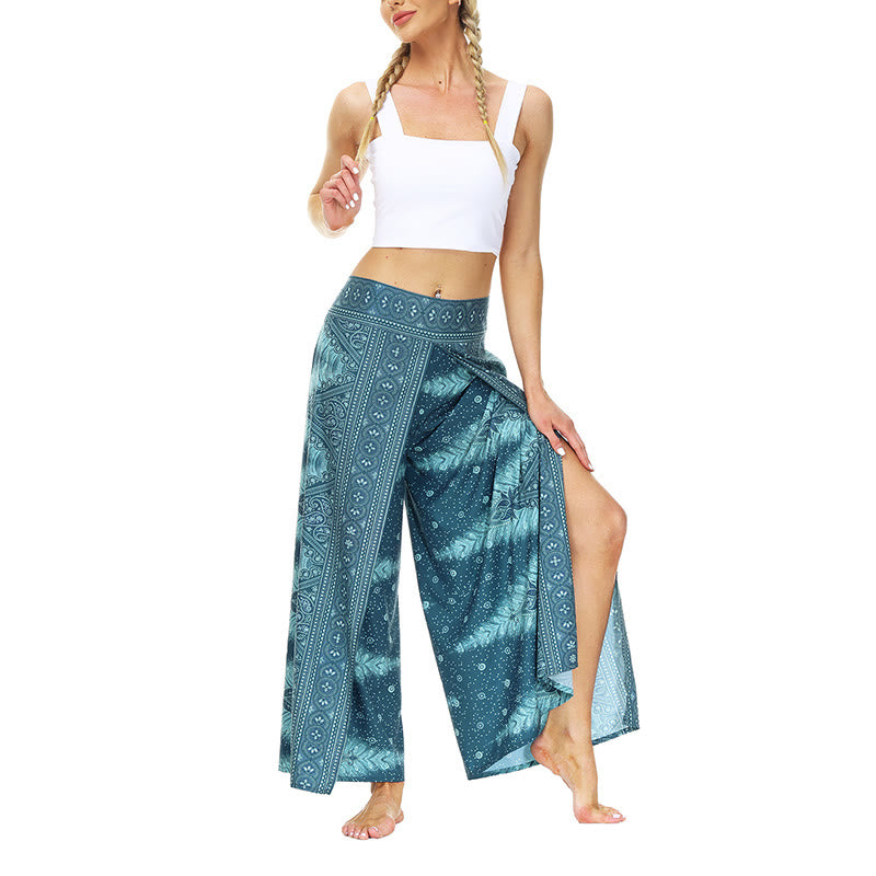 Mythstone Boho Geometric Feather Split Thigh Wide Leg Pants Sports Fitness Dance Women's Yoga Pants