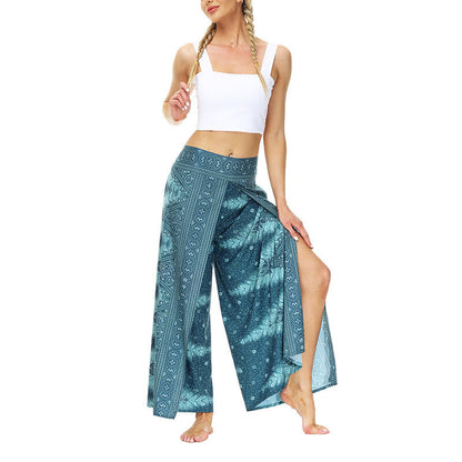 Mythstone Boho Geometric Feather Split Thigh Wide Leg Pants Sports Fitness Dance Women's Yoga Pants