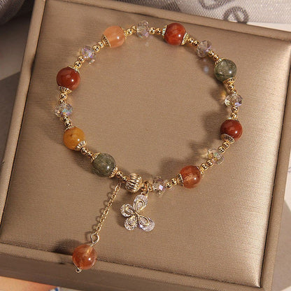 Pulsera con dije de mariposa de la riqueza de cuarzo rutilado de cristal arcoíris Fu Lu Shou natural de Mythstone 