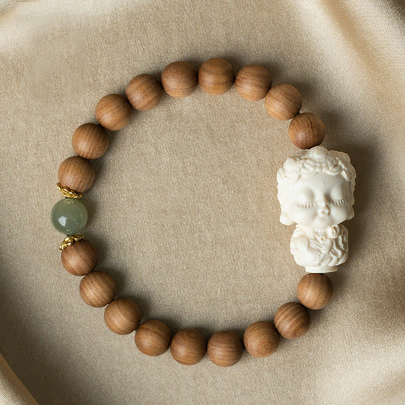 Mythstone Sandalwood Hetian Jade Ivory Fruit Green Tara Protection Bracelet