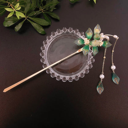 Mythstone Flower Leaf Pearl Peace Tassel Hairpin