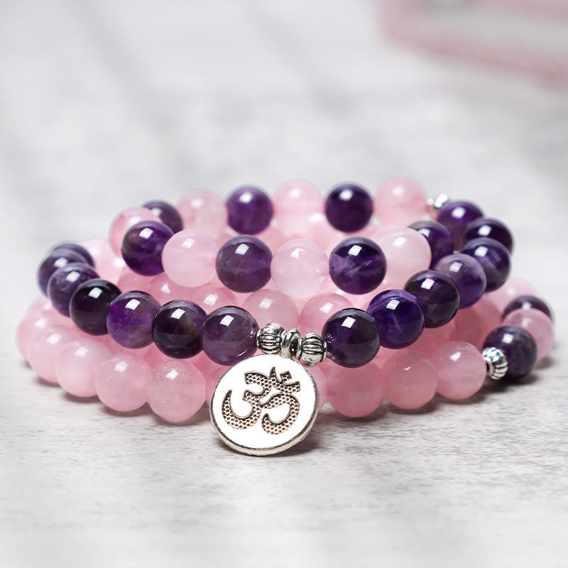 Mythstone Natural Rose Quartz & Amethyst Mala Bead Lotus Pendant Bracelet