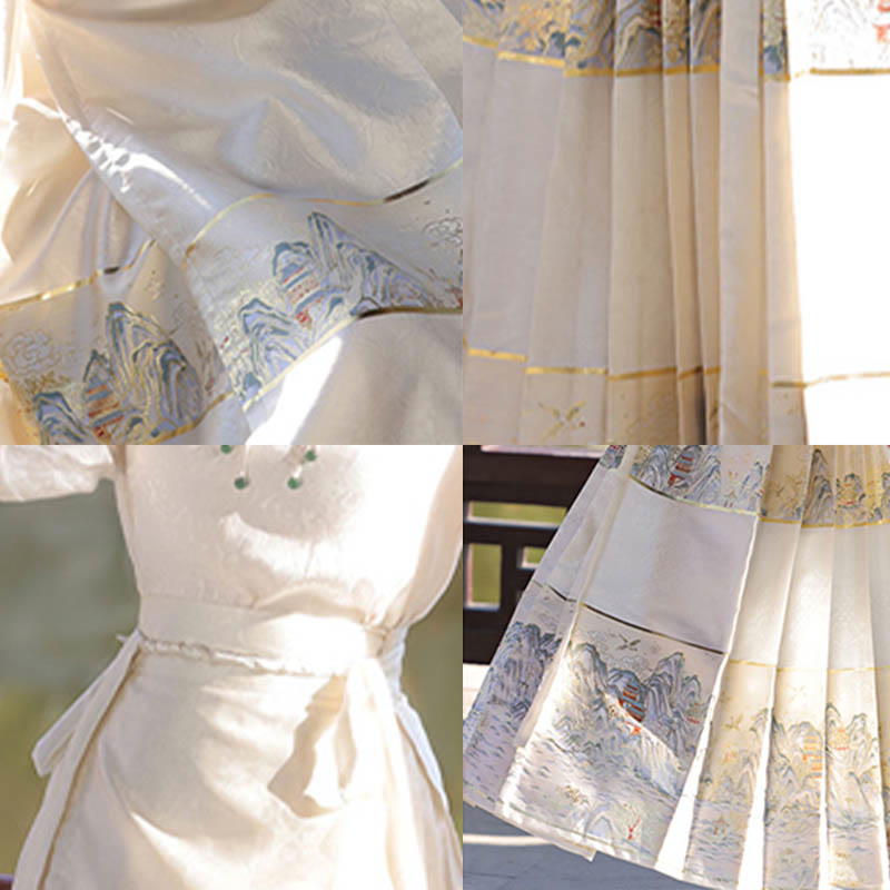 Mythstone Beige A Panorama of Rivers and Mountains Printed Chinese Hanfu Horse Face Skirt Mamianqun