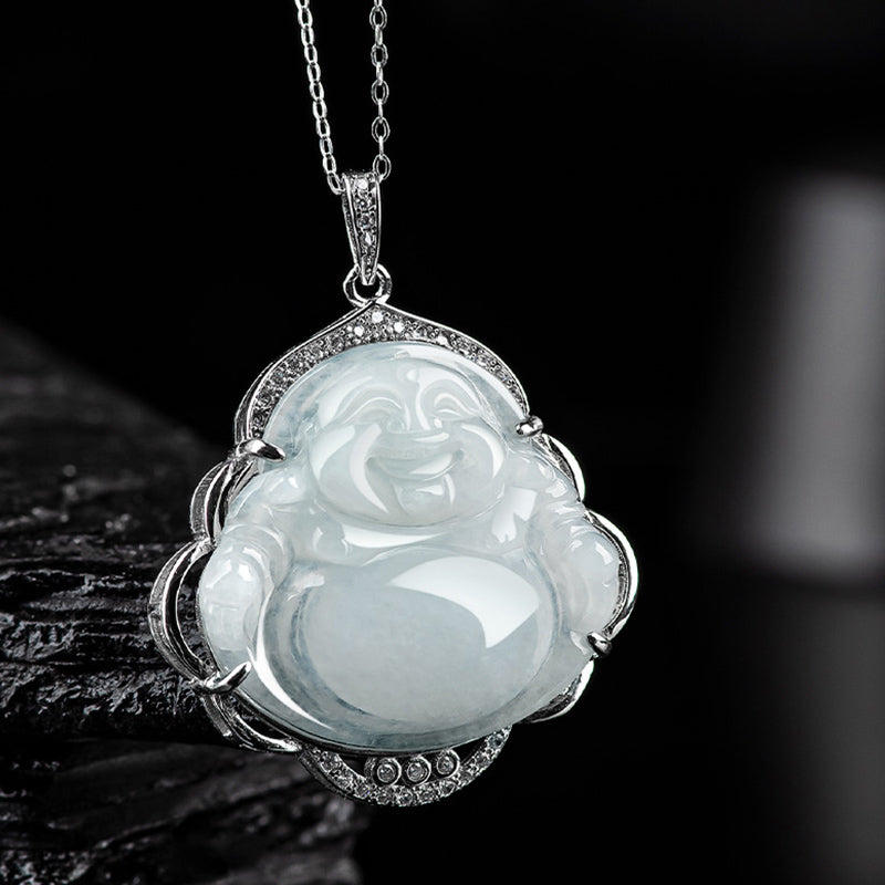 Mythstone 925 Sterling Silver Laughing Buddha Natural Jade Abundance Necklace Pendant