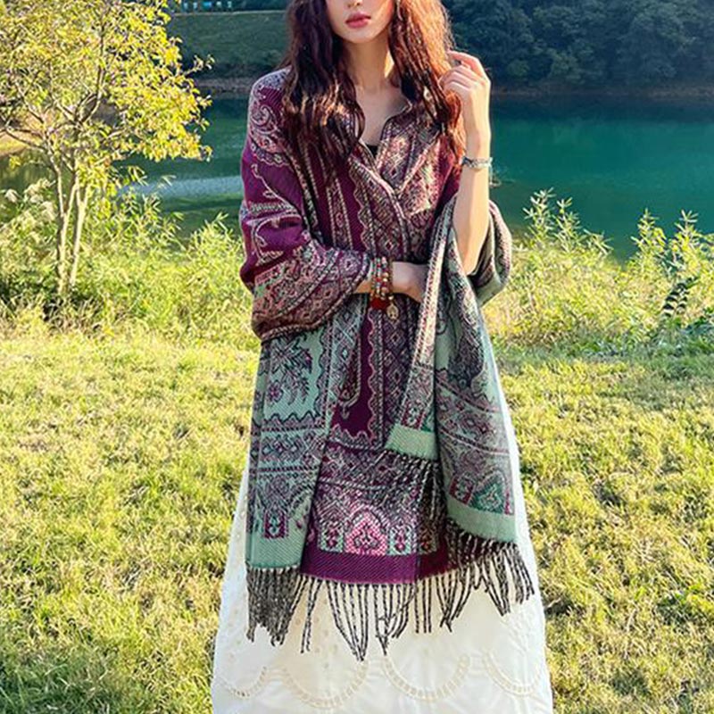 Mythstone Vintage Tibetan Leaves Pattern Design Shawl Cozy Travel Scarf Wrap