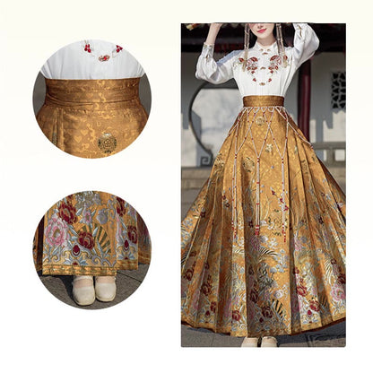 Mythstone Golden Flower Phoenix Embroidery Long Sleeve Shirt Top Chinese Hanfu Ming Dynasty Horse Face Skirt Mamianqun Skirt