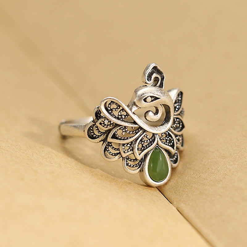 Mythstone 925 Sterling Silver Peacock Hetian Cyan Jade Fortune Adjustable Ring