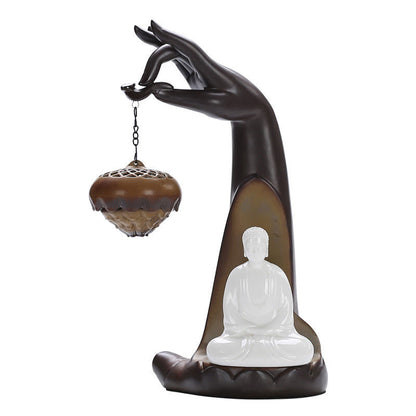 Quemador de incienso de cerámica con forma de mano de Buda y luz LED Mythstone, fuente de humo con reflujo, decoración curativa 