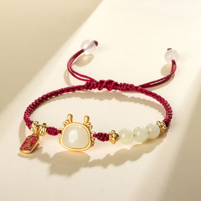 Mythstone Year of the Dragon Hetian White Jade Fu Character Peace And Joy Protection Bracelet