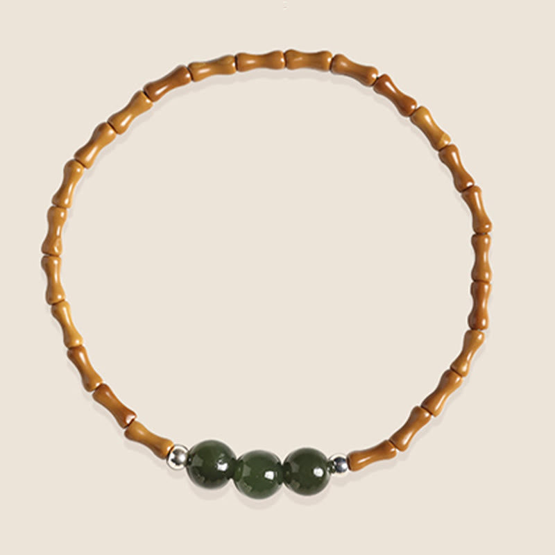 Mythstone Natural Olive Pit Bamboo Pattern Hetian Jade Beads Luck Bracelet