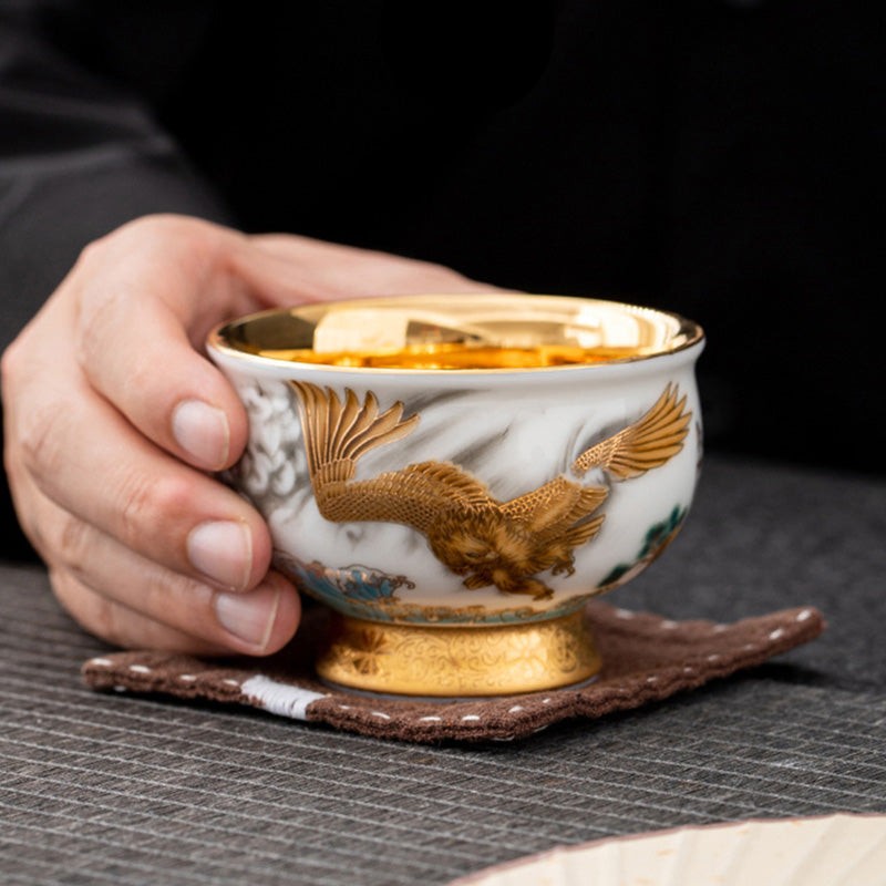 Mythstone Golden Eagle Auspicious Dragon Sun Ocean Waves Gilt Ceramic Teacup Kung Fu Tea Cup