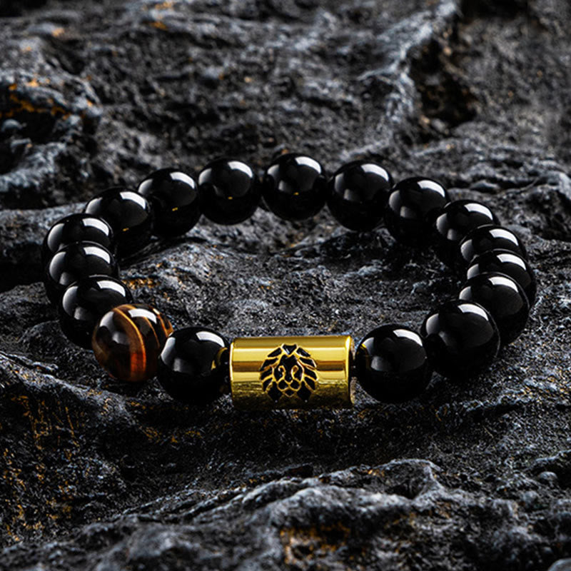 Mythstone Black Onyx Tiger Eye Bead Lion Engraved Protection Bracelet