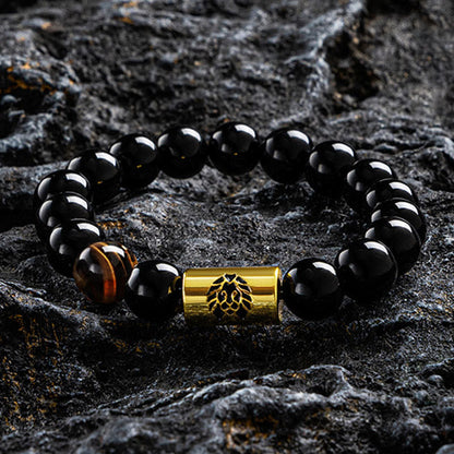 Mythstone Black Onyx Tiger Eye Bead Lion Engraved Protection Bracelet