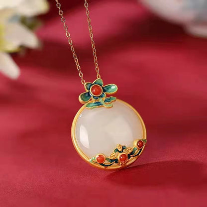 Mythstone White Jade Red Agate Flower Blessing Luck Necklace Pendant