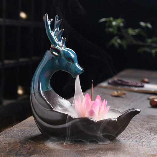 Mythstone Little Deer Ceramic Lotus Meditation Incense Burner Decoration