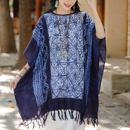 Mythstone Blue Stripe Geometry Indigo Dyeing Shawl Tassels Travel Pullover 90*95cm